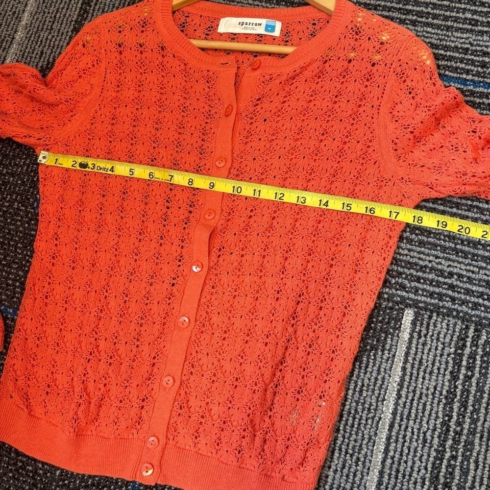 Sparrow Medium Coral Orange Cardigan Open knit crochet button front - Picture 9 of 12